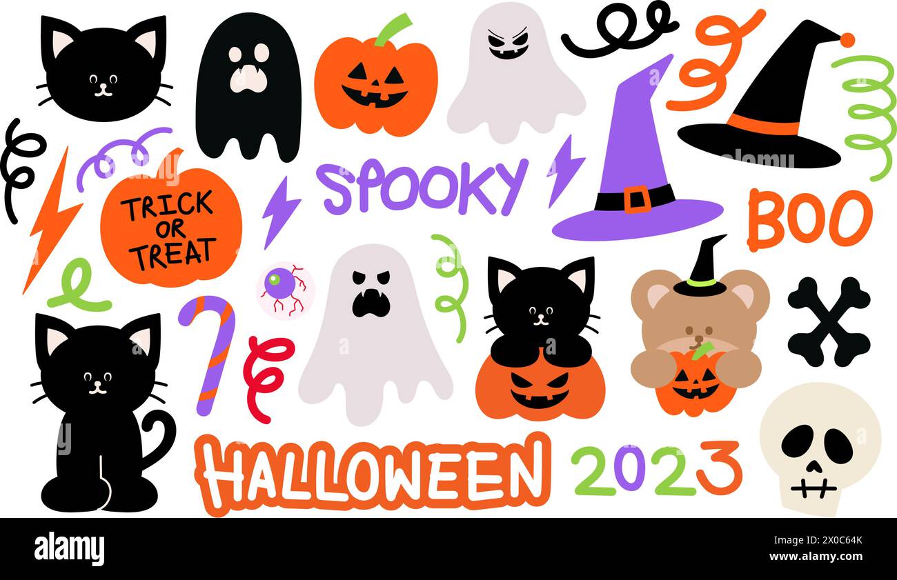 Illustration of black cat, ghost, pumpkin, witch hat, candy cane, teddy bear, head skull, doodles for Halloween icons, logo, stickers, decorations Stock Vector