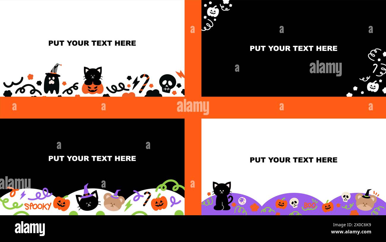 Rectangle frames with black cat, teddy bear, pumpkin, ghost for Halloween, banner, card, print, ad template, spooky wallpaper, memo, name tags, cover Stock Vector