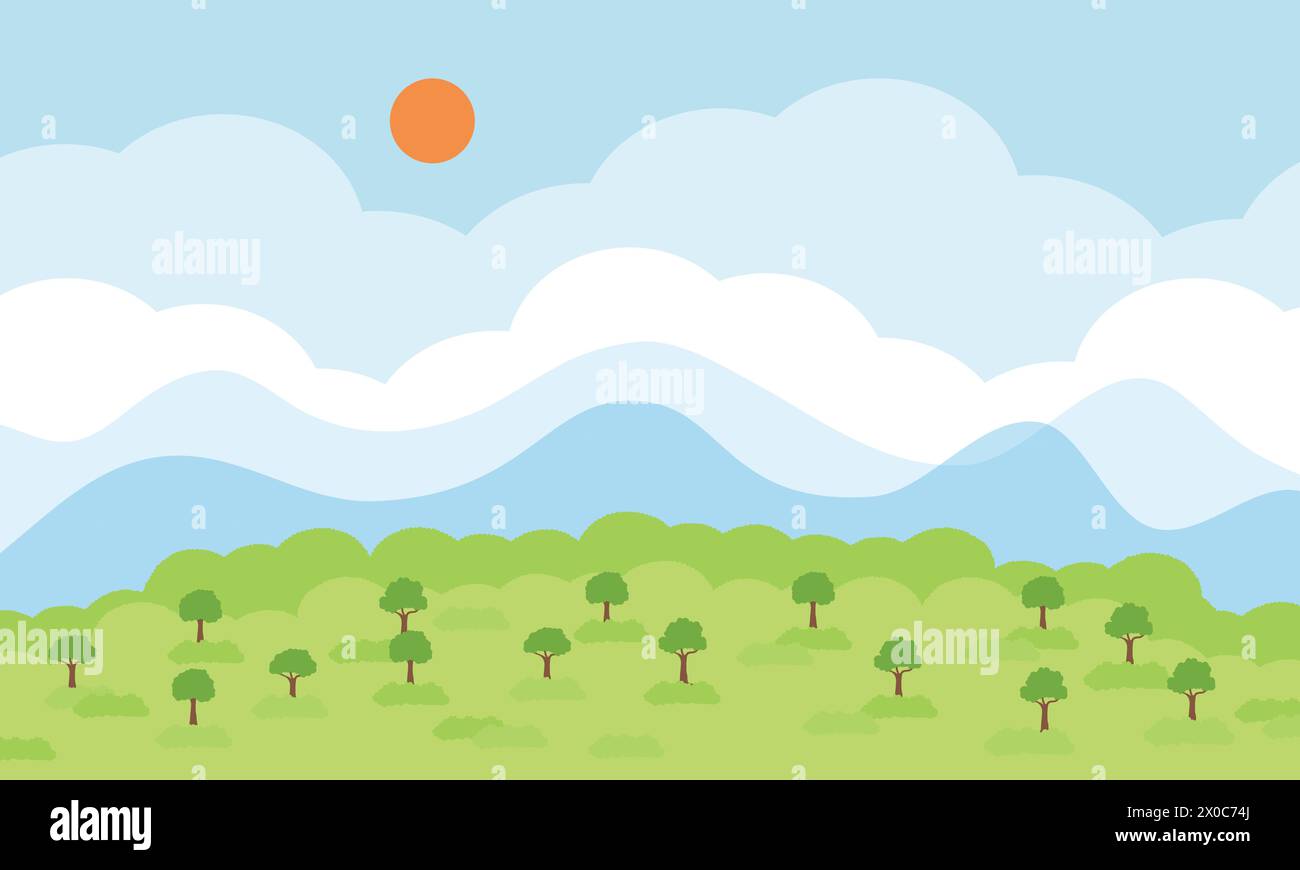 Illustration of green grass, cloud, sun, blue sky for background, wallpaper, banner, backdrop, template, environment, earth, peace, social media Stock Vector