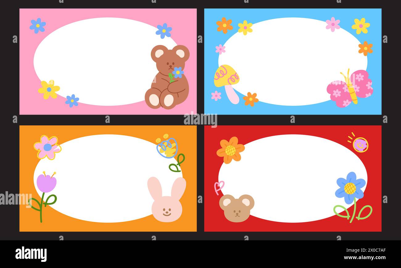 Cute frame set with teddy bear, bunny, flowers for banner, background, wallpaper, ad template, floral, picnic, spring, summer, animals, pet, vet, zoo Stock Vector