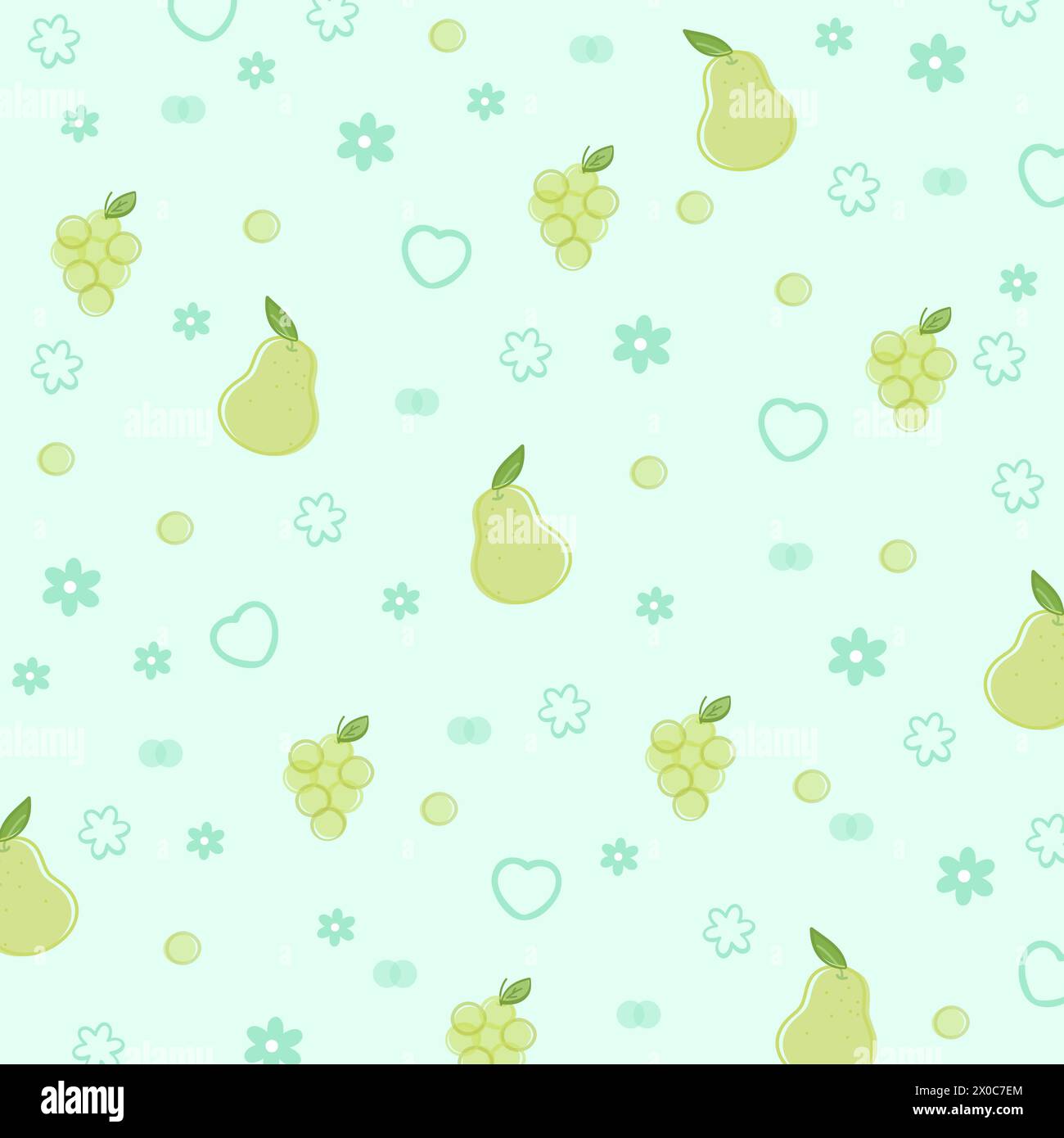 Mango, grape, heart, flower on a pastel mint green background for summer wallpaper, fabric print, fruity pattern, kid clothes, picnic, supermarket Stock Vector