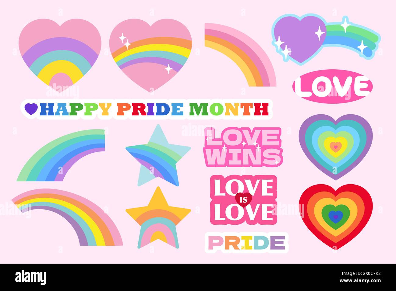 Cute illustrations of heart icons and love signs in colourful rainbow colours for happy pride month, stickers, logo, decorations, love wins font, typo Stock Vector