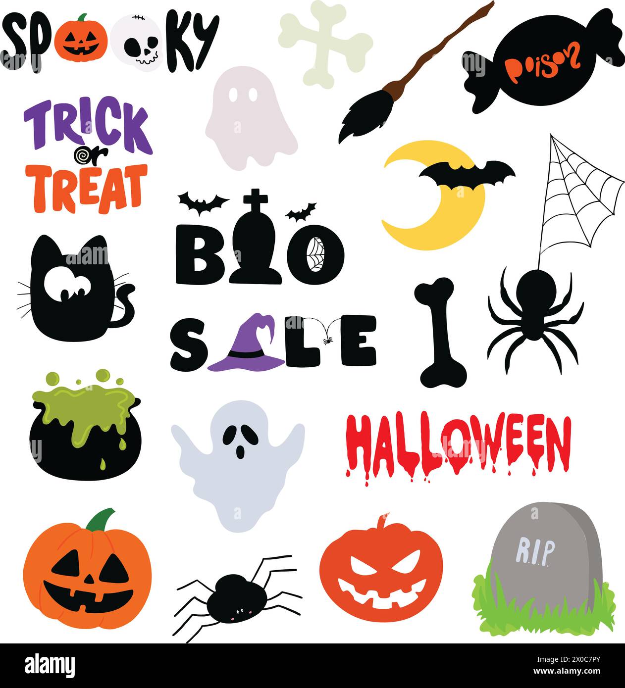Hand drawn Halloween elements such as poison candy, black cat, pumpkin, ghost, witch broom, trick or treat, spooky letters, bone, spider web for icons Stock Vector