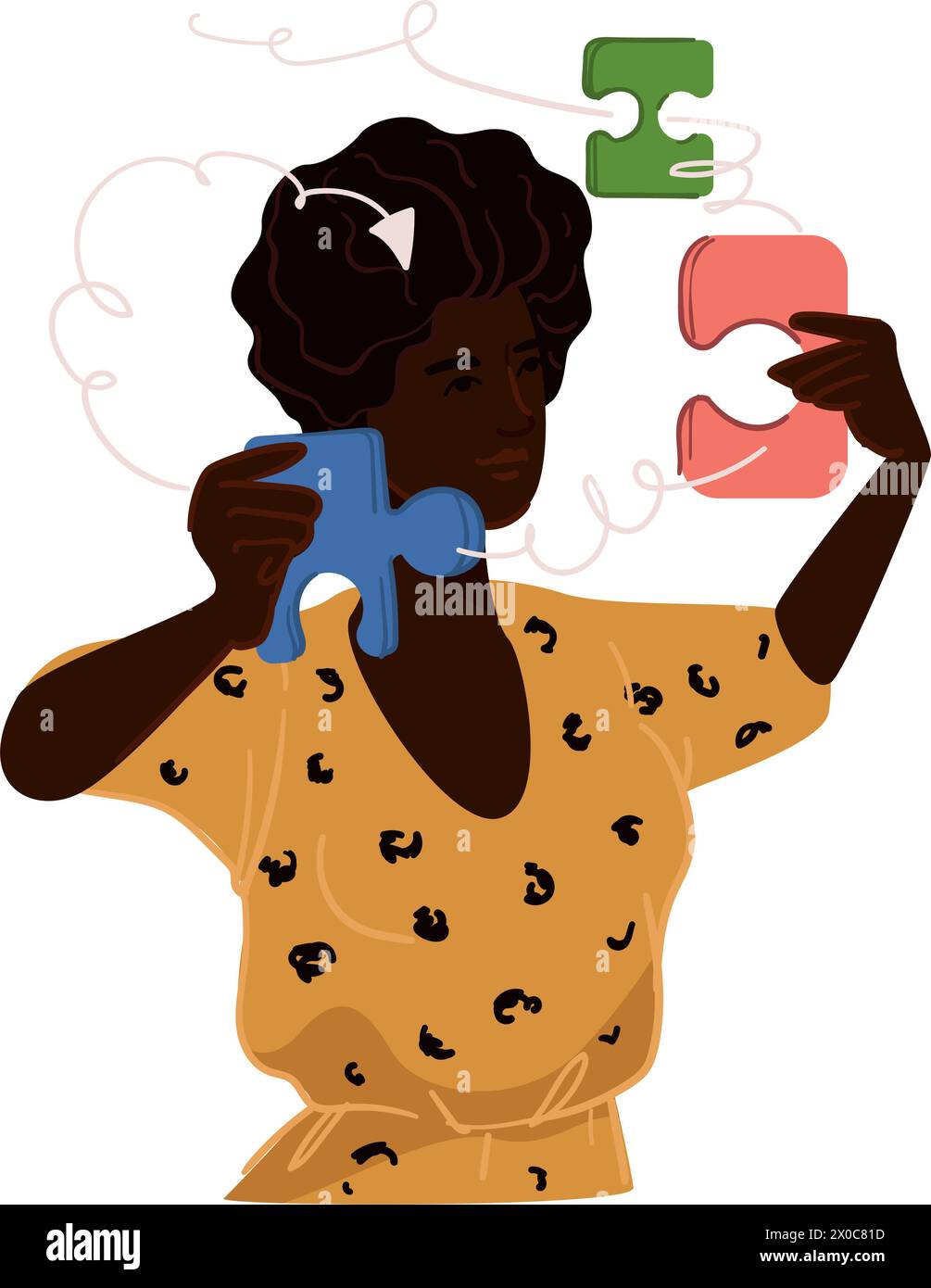 Woman solving problem by putting puzzles together Stock Vector