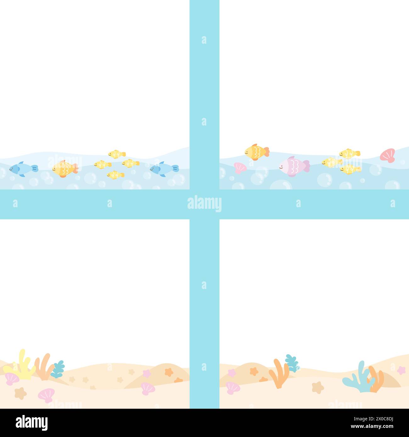 Under the sea frame set with fish, pearl shell, coral reef for aquarium, animal, banner, background, wallpaper, ad template, diving activity, marine Stock Vector
