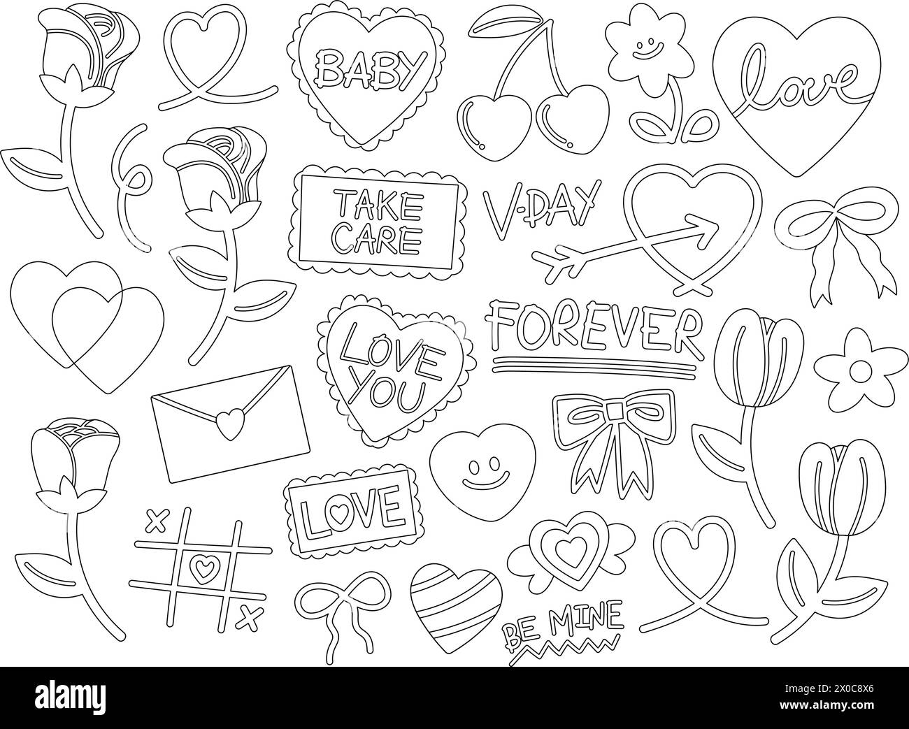 Valentine's Day outlines such as rose, heart, flowers, cherry, love letter for kid colouring book, stickers, tattoo, logo, icon, card, print, sign Stock Vector