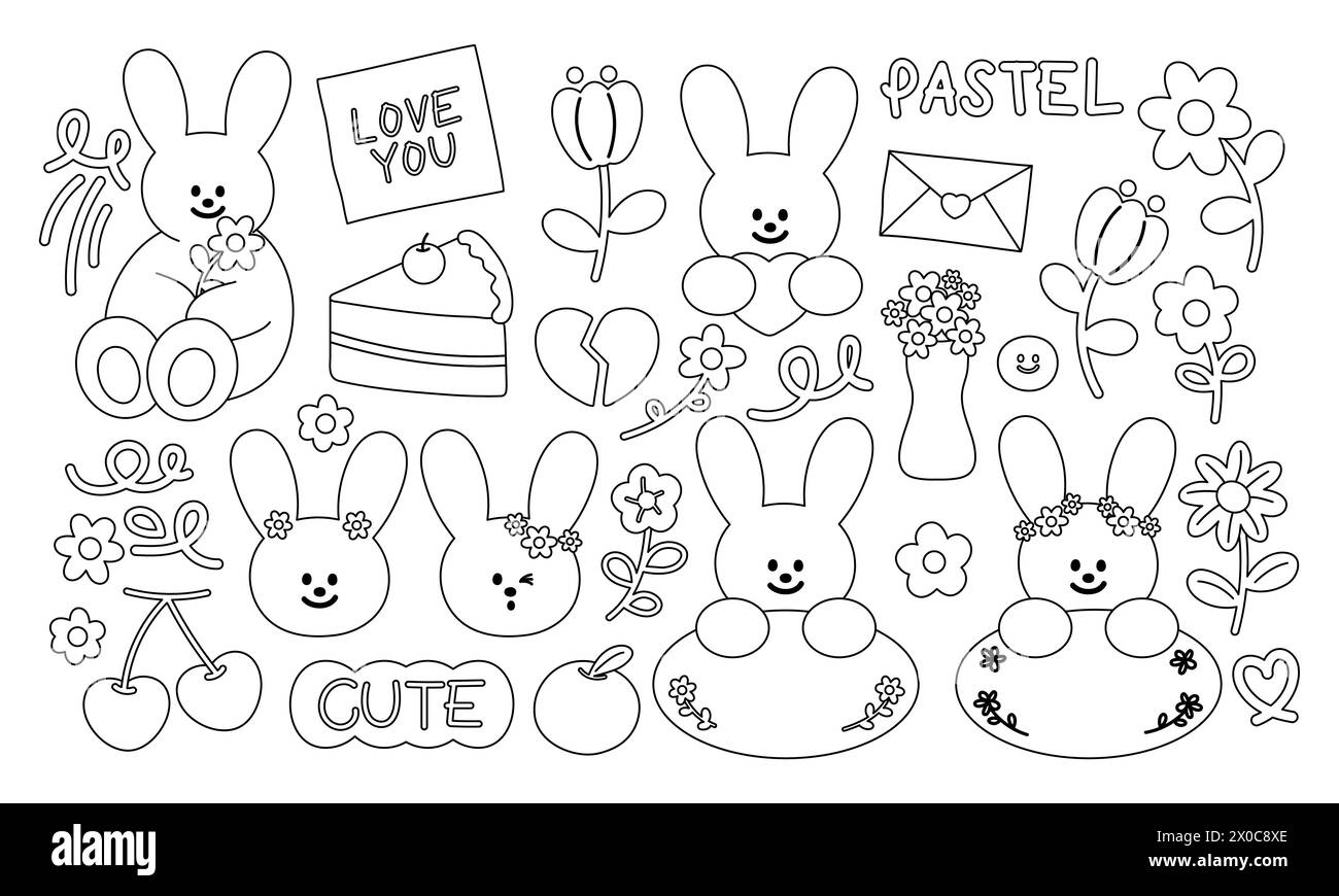 Outlines of bunny, spring, summer elements, cake, flowers, orange, cherry for colouring book, easter, cartoon, character, comic, toy, animal sticker Stock Vector
