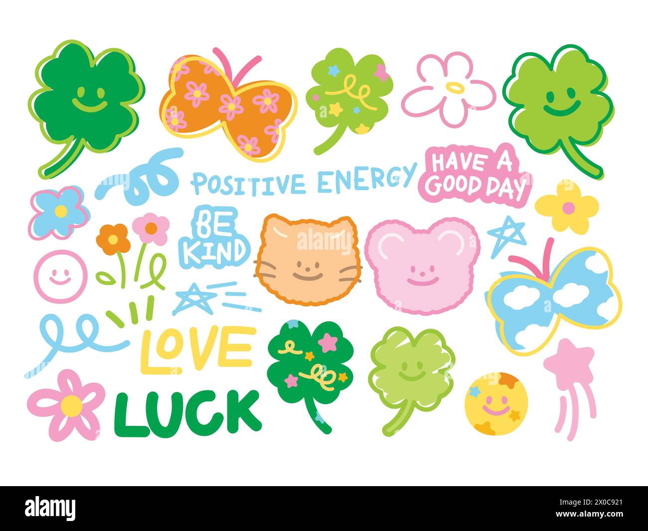 Cute illustrations of clover leaf, flowers, butterfly, cat, teddy bear, positive energy for lucky icon, stickers, card print, icon, logo, cartoon Stock Vector