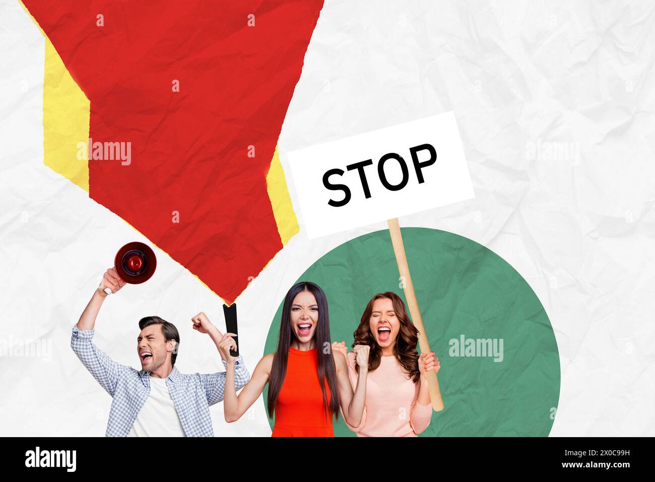 Composite photo collage of angry crowd people scream riot strike