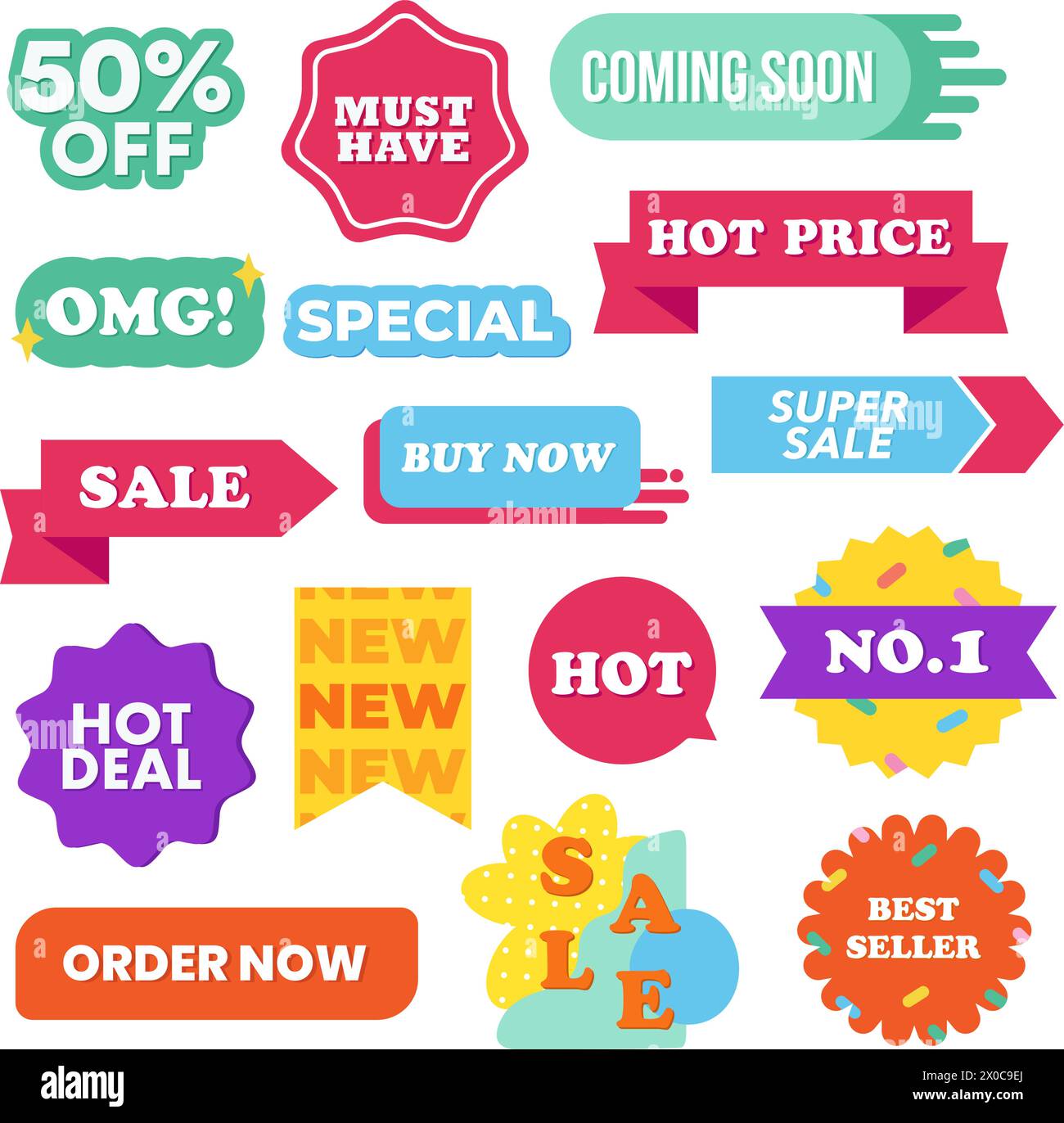 Colourful illustration of sale icons such as must have, coming soon, special, hot price, buy now, super sale, hot deal, half price, order now Stock Vector