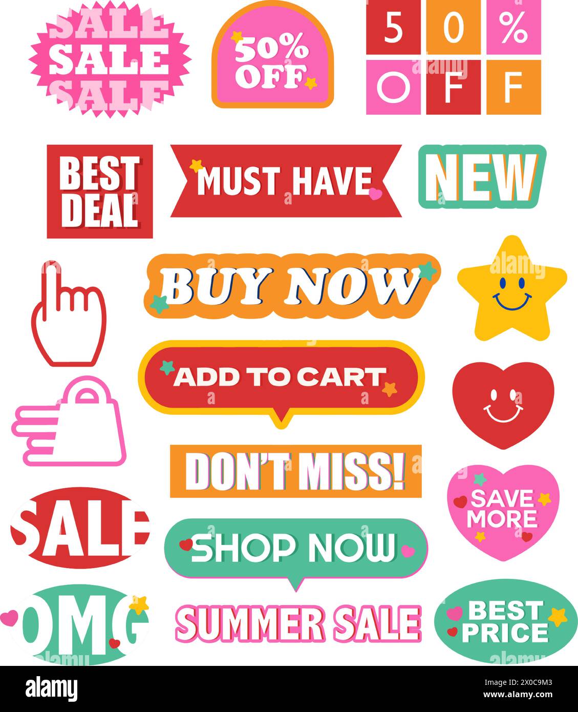 Colourful illustration of sale icons such as 50% off, must have, new, best deal, buy now, add to cart, shop now, save more, star sign, click here Stock Vector