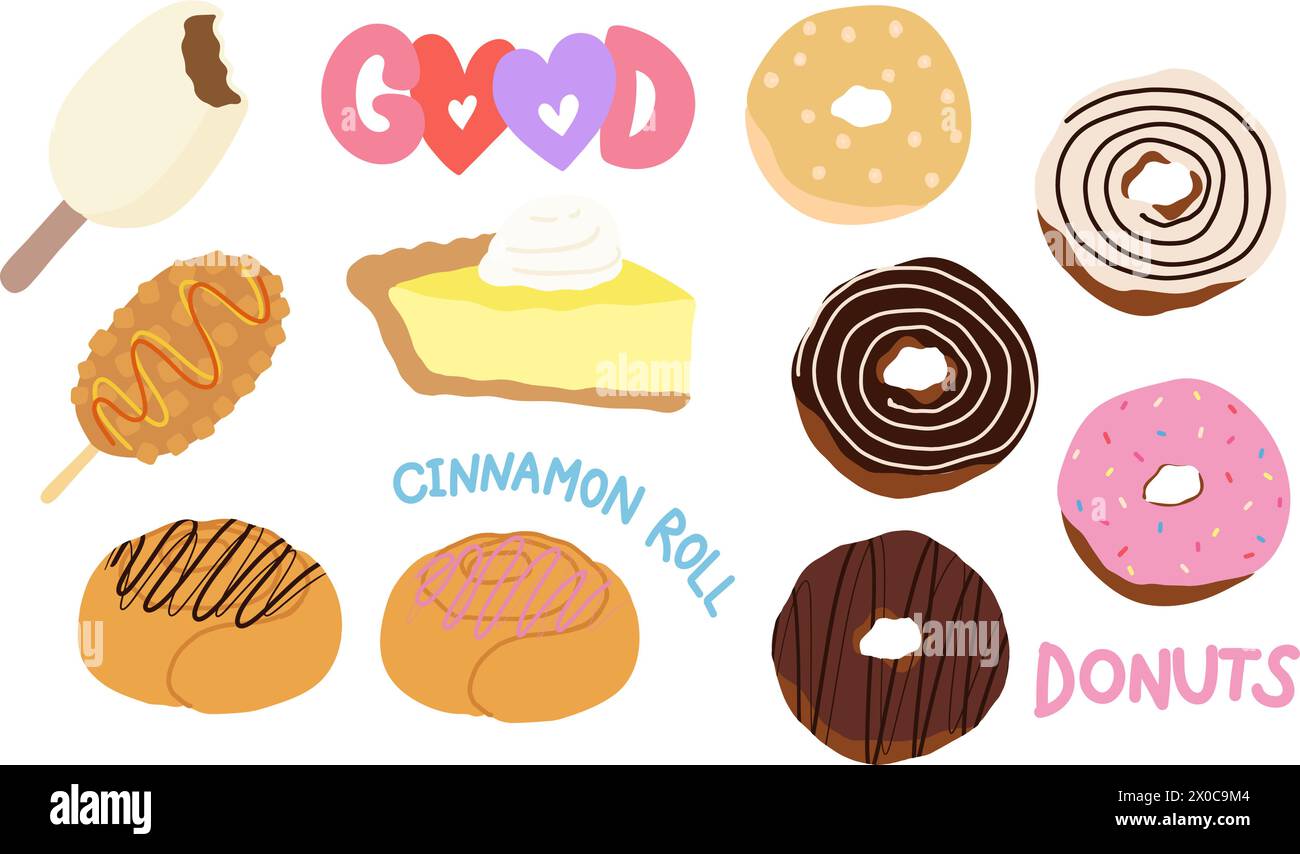 Hand drawn snacks and sweet desserts of ice cream stick, sausage corn dog, donuts, cinnamon