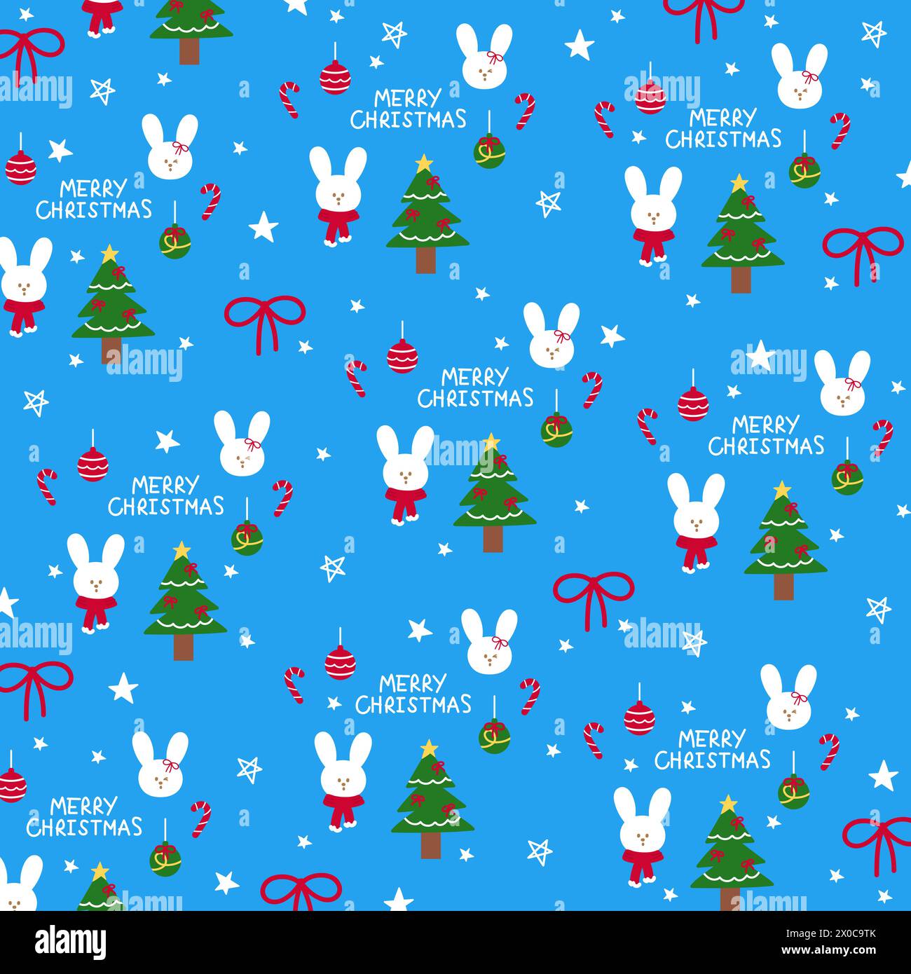 Christmas illustration of bunny, red ribbon, tree, candy cane, MERRY CHRISTMAS letters on a blue background for card, wallpaper, fabric print, pattern Stock Vector