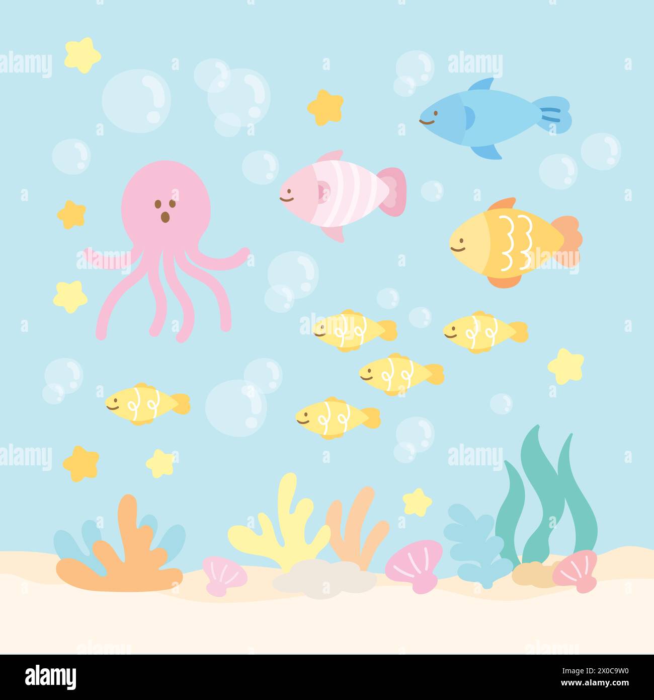 Pastel illustrations of under the sea including fish, coral reef, octopus, sea shell for aquarium, marine lives, background, ocean view, wallpaper Stock Vector