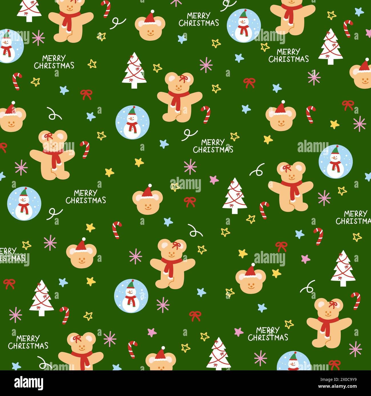 Christmas illustration of Christmas tree, snowman, teddy bear, candy cane on a green background for card, wallpaper, fabric print, pattern, campaign Stock Vector