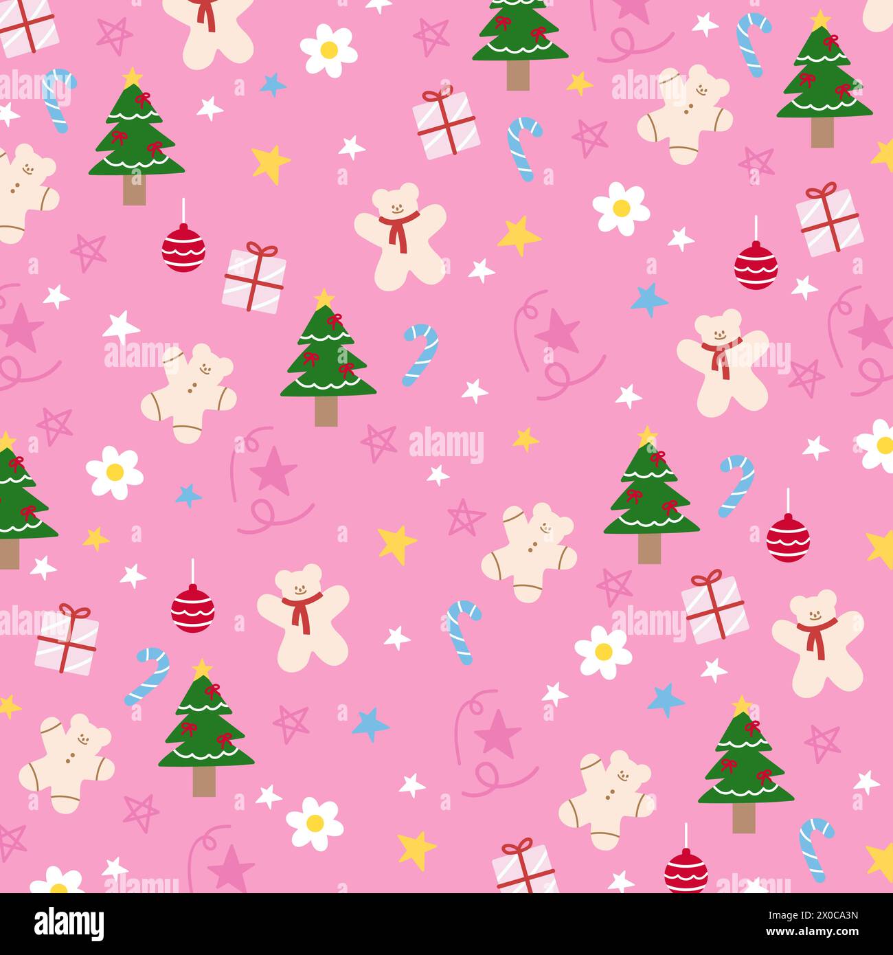 Christmas illustration of Christmas tree, gingerbread man, gift box, candy cane on a pastel pink background for wallpaper, fabric print, pattern Stock Vector