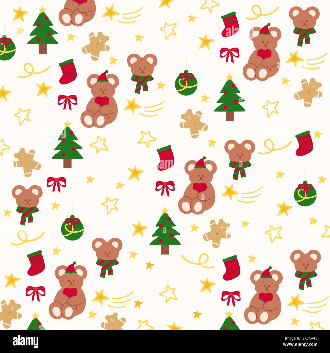 Christmas illustration of Christmas tree, teddy bear, gingerbread man, red ribbon, sock on a creamy background for wallpaper, fabric print, pattern Stock Vector