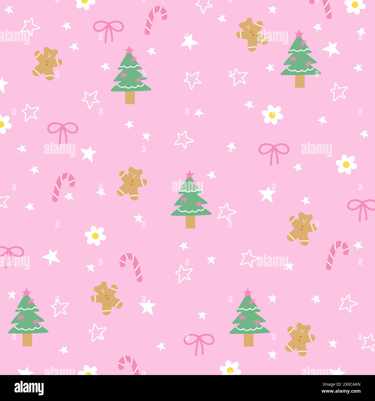 Christmas illustration of Christmas tree, candy cane, gingerbread man, pink ribbon on a pastel pink background for wallpaper, fabric print, pattern Stock Vector