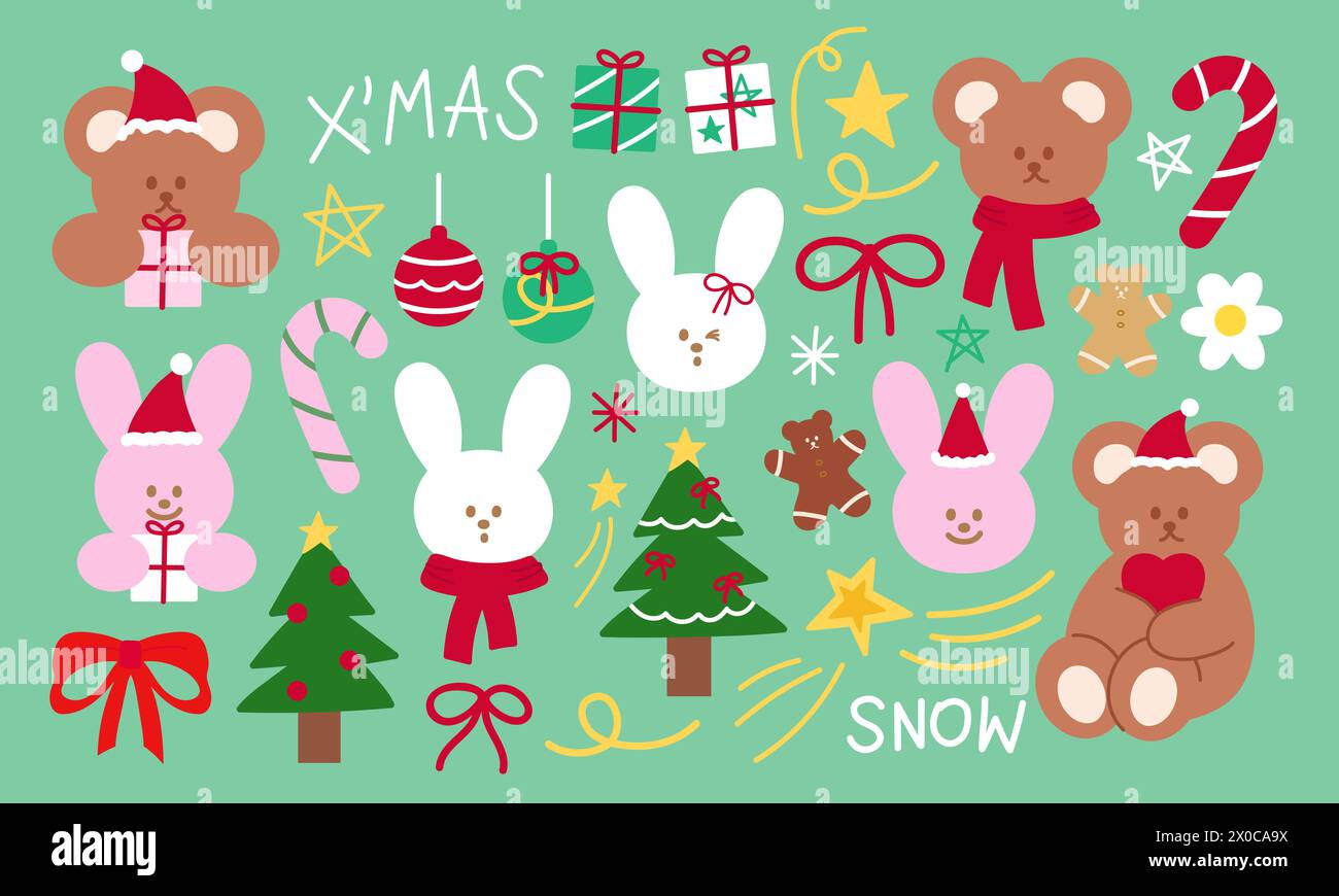 Christmas and New Year illustrations of teddy bear, bunny, candy cane, tree, ornaments, red ribbon, gingerbread man, gift box, scarf, Christmas hat Stock Vector