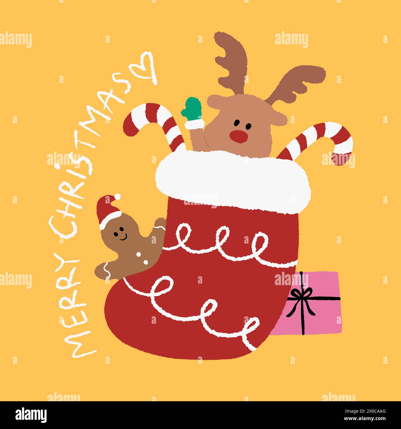 Hand drawn Christmas and New Year elements with socks, reindeer, gingerbread man, candy cane and MERRY CHRISTMAS letters on a yellow background Stock Vector