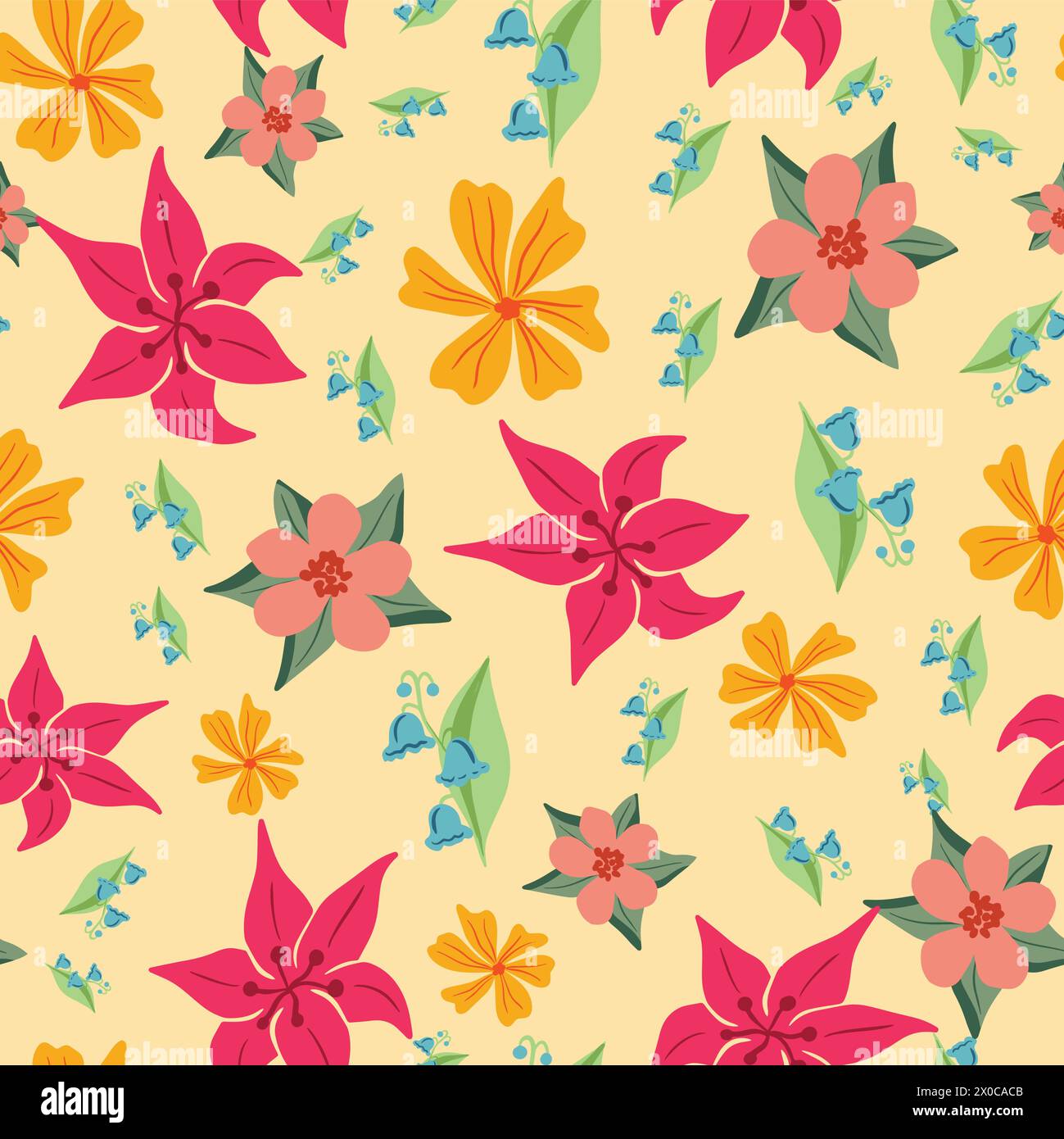 Colorful spring flowers vector repeat pattern on yellow background Stock Vector
