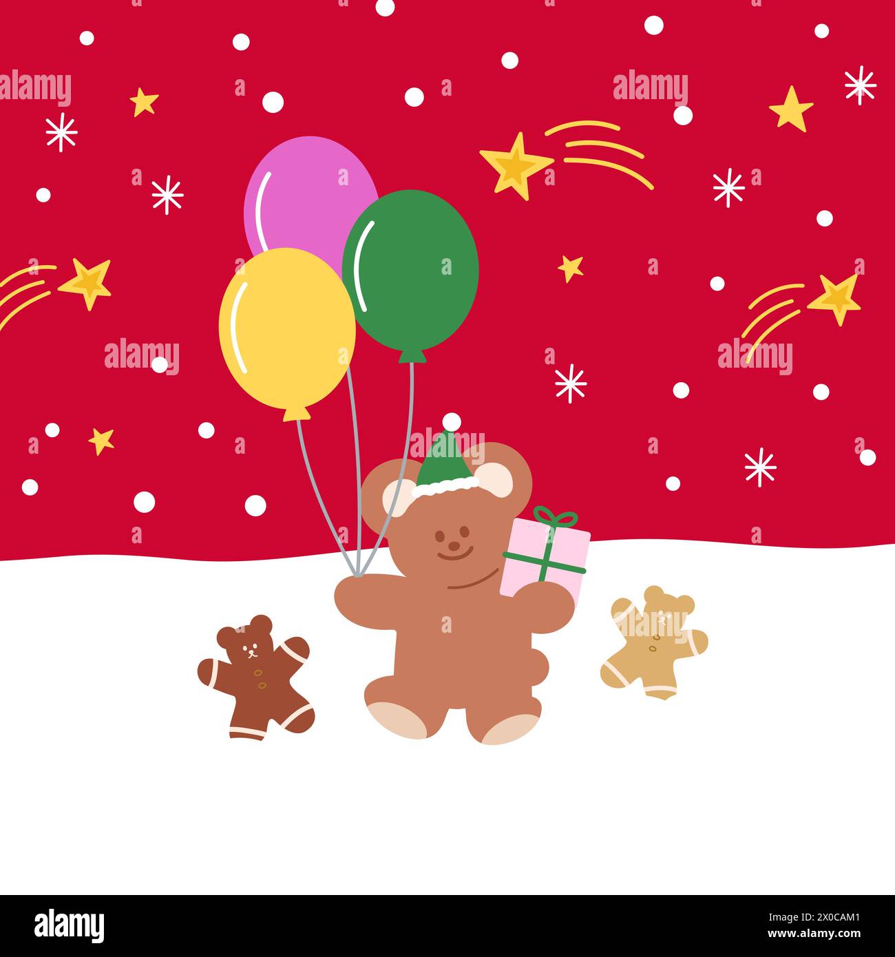 Christmas and New Year illustrations of teddy bear, gingerbread man, snow, balloons, gift box on a red background for card, winter wallpaper, backdrop Stock Vector