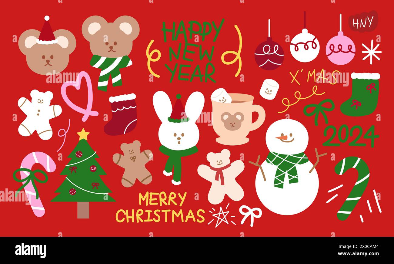 Christmas and New Year illustrations of teddy bear, bunny, candy cane, snowman, tree, light, socks, gingerbread man, marshmallow hot chocolate drink Stock Vector