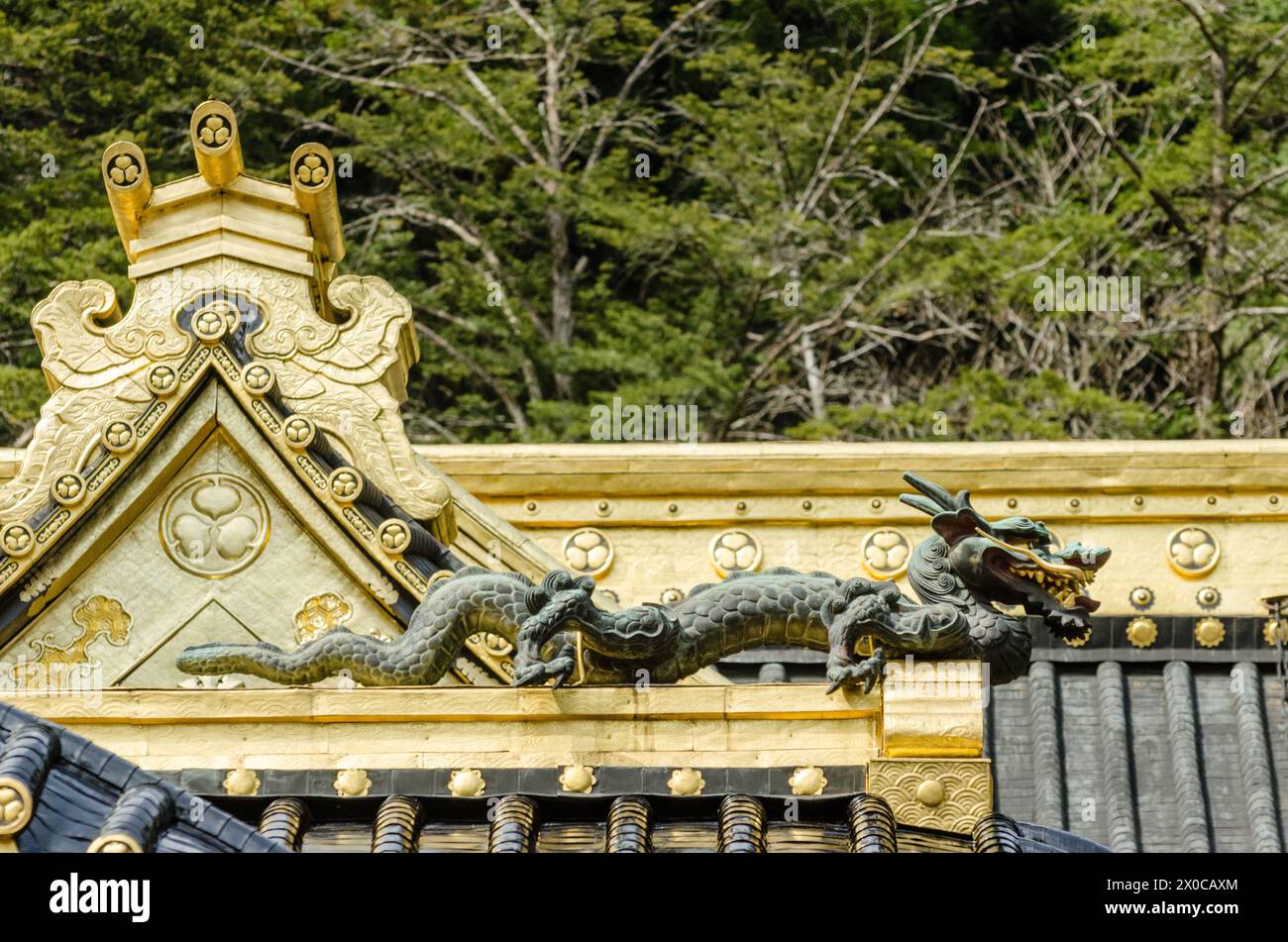 A gold dragon is perched on the roof of a building. The dragon is surrounded by intricate designs and gold accents, giving the building a sense of gra Stock Photo