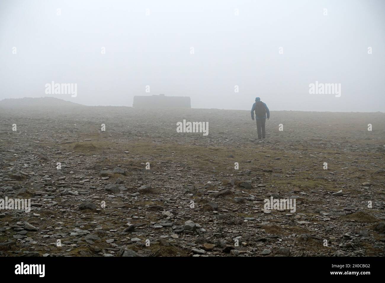 Man (Hiker) Walking to the Summit Shelter in Mist/Cloud on Ingleborough Mountain on the 3 Peaks in the Yorkshire Dales National Park, England, UK. Stock Photo