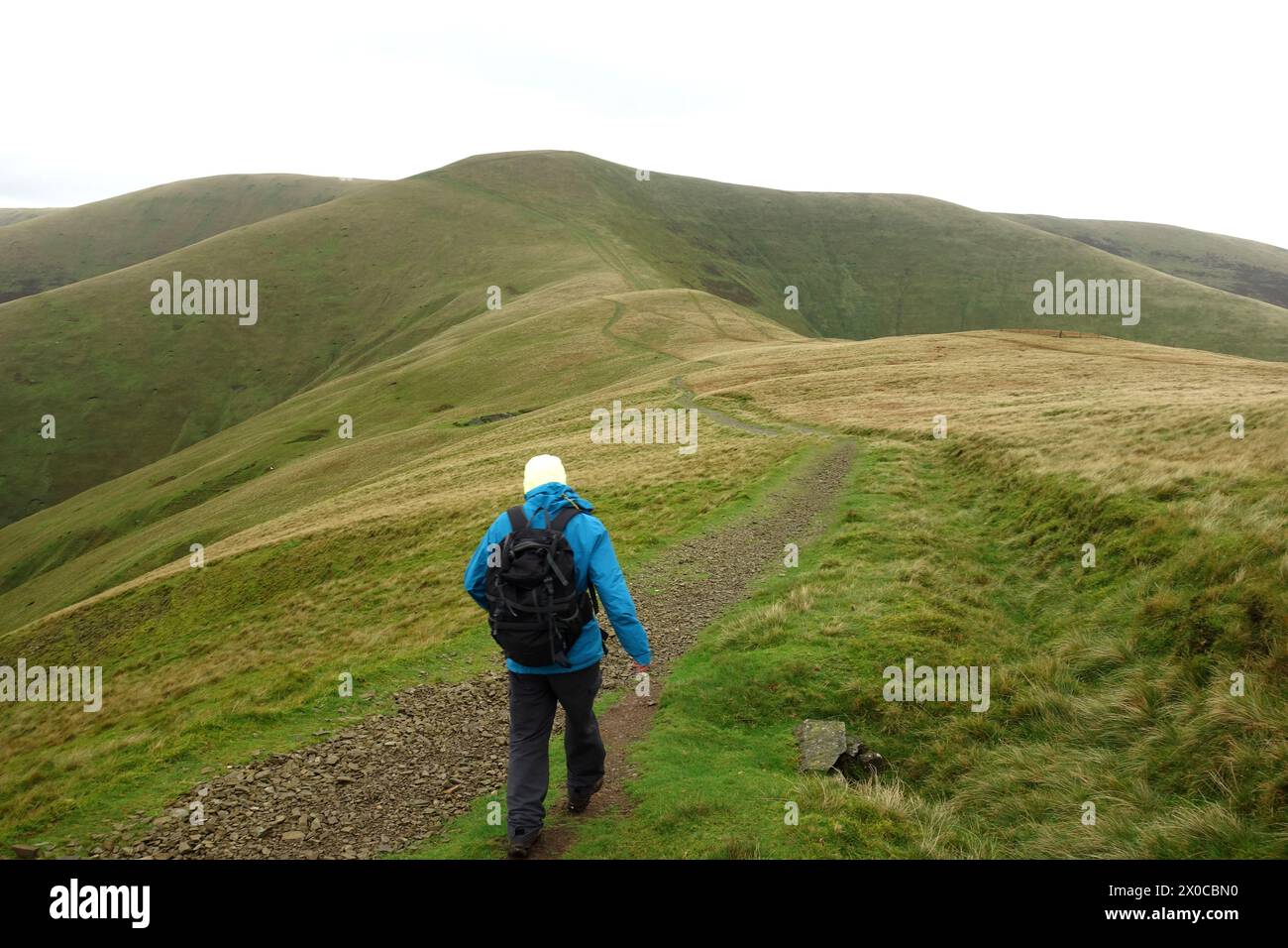 Man (Hiker) Walking on Rowantree Grains (a Col) to 'Calders' from 'Arant Haw' on the Howgill Hills in Yorkshire Dales National Park, England, UK. Stock Photo