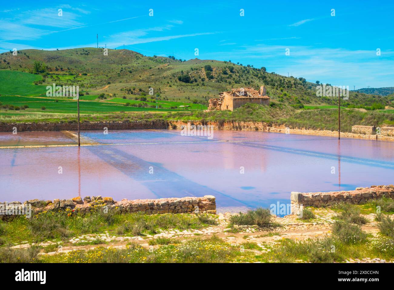 Ponds. Salt works, Imon, Guadalajara province, Castilla La Mancha, Spain. Stock Photo