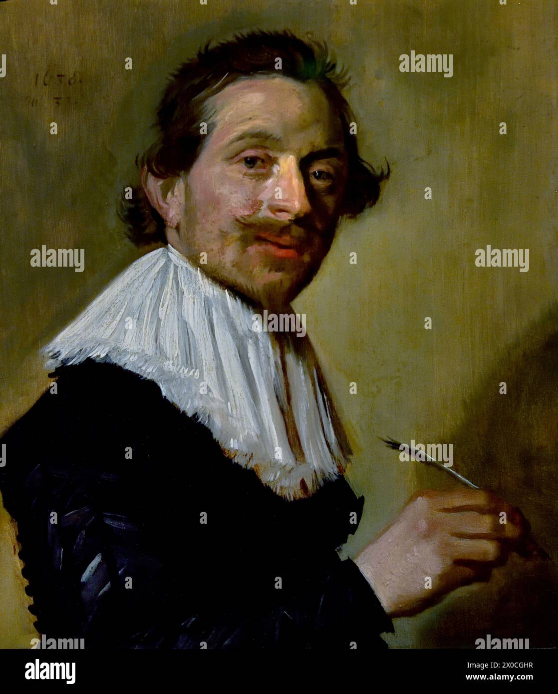 Portrait of Jean de la Chambre at the Age of 33 ( Distinguished calligrapher and master of the French School in Haarlem ) Frans Hals, 1582-1666, Antwerp- Haarlem,  Dutch, The Netherlands, 17th century, Dutch Golden Age  ( He painted lively, sometimes even cheerful, portraits of people from all levels of society,  important people, naughty children and even drunks or people who had been declared crazy. ) Stock Photo