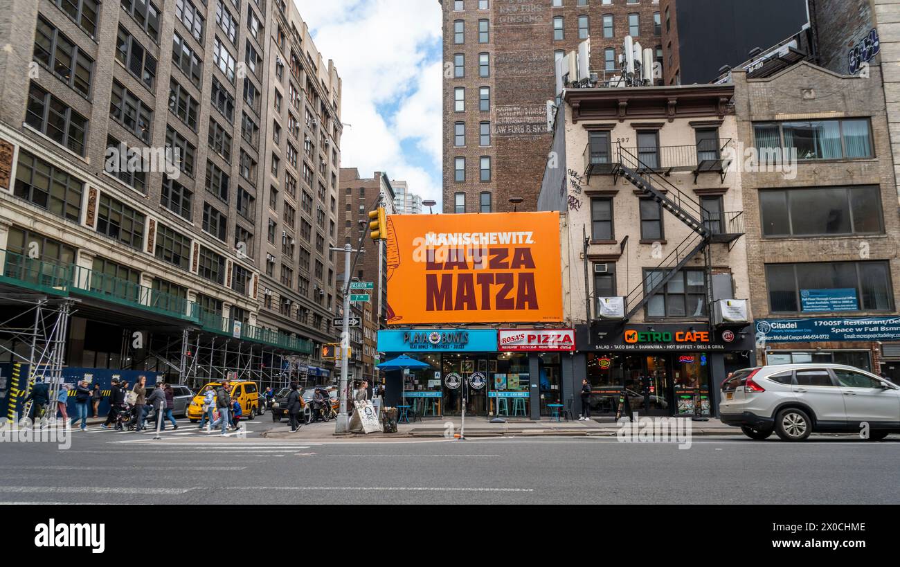 Advertisement in Chelsea in New York in advance of the Passover holiday for Manischewitz Matza on Saturday, April 6, 2024. Passover begins before sundown on Monday, April 22, 2024. (© Richard B. Levine) Stock Photo