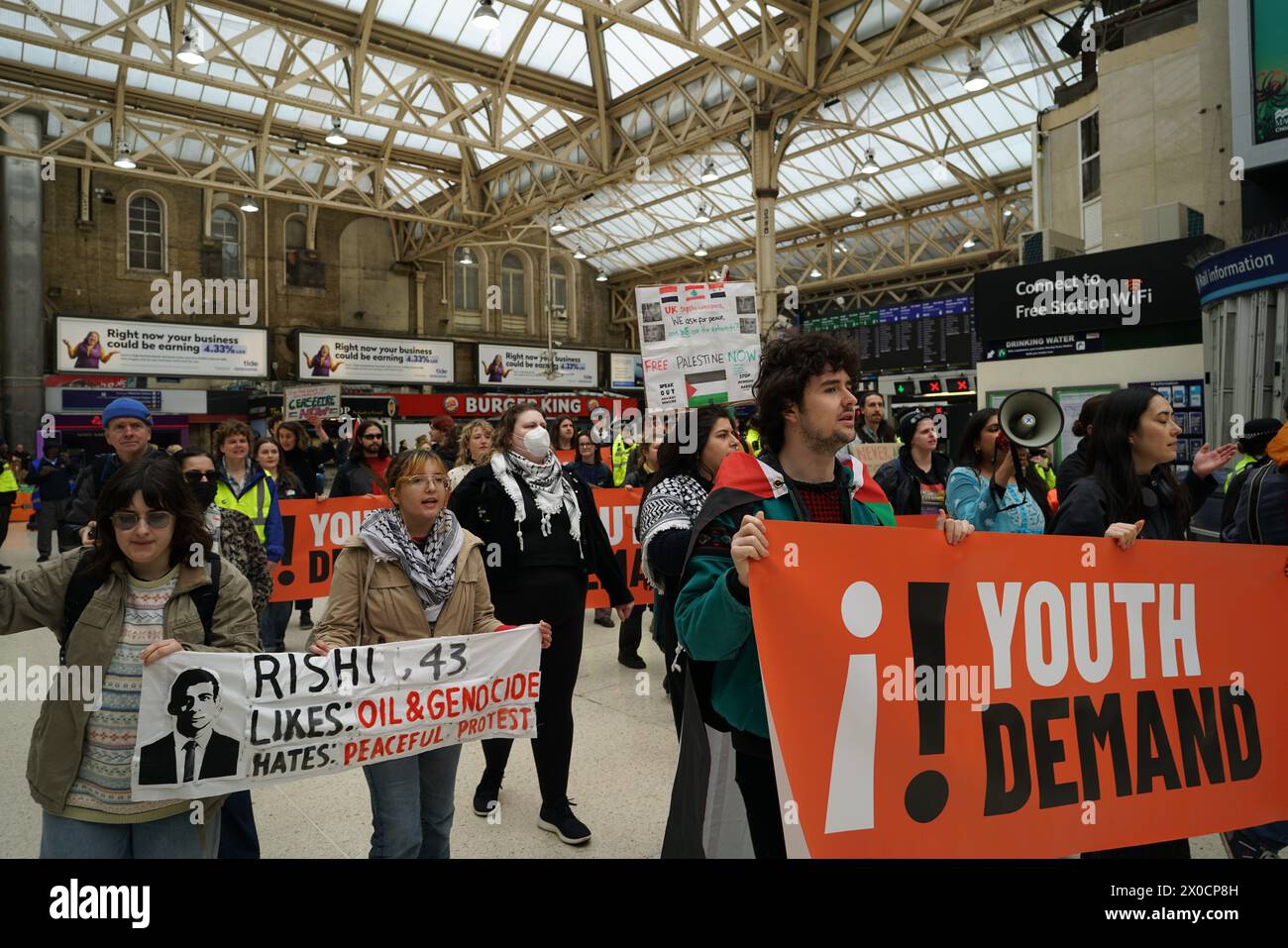 London, UK. 10th Apr, 2024. Youth Demand, a group formed by members of Just Stop Oil, protest to ask for an end to the genocide in Palestine. The march went through central London and in and out multiple underground stations with people chanting. Credit: Atlantico Press/Alamy Live News Stock Photo