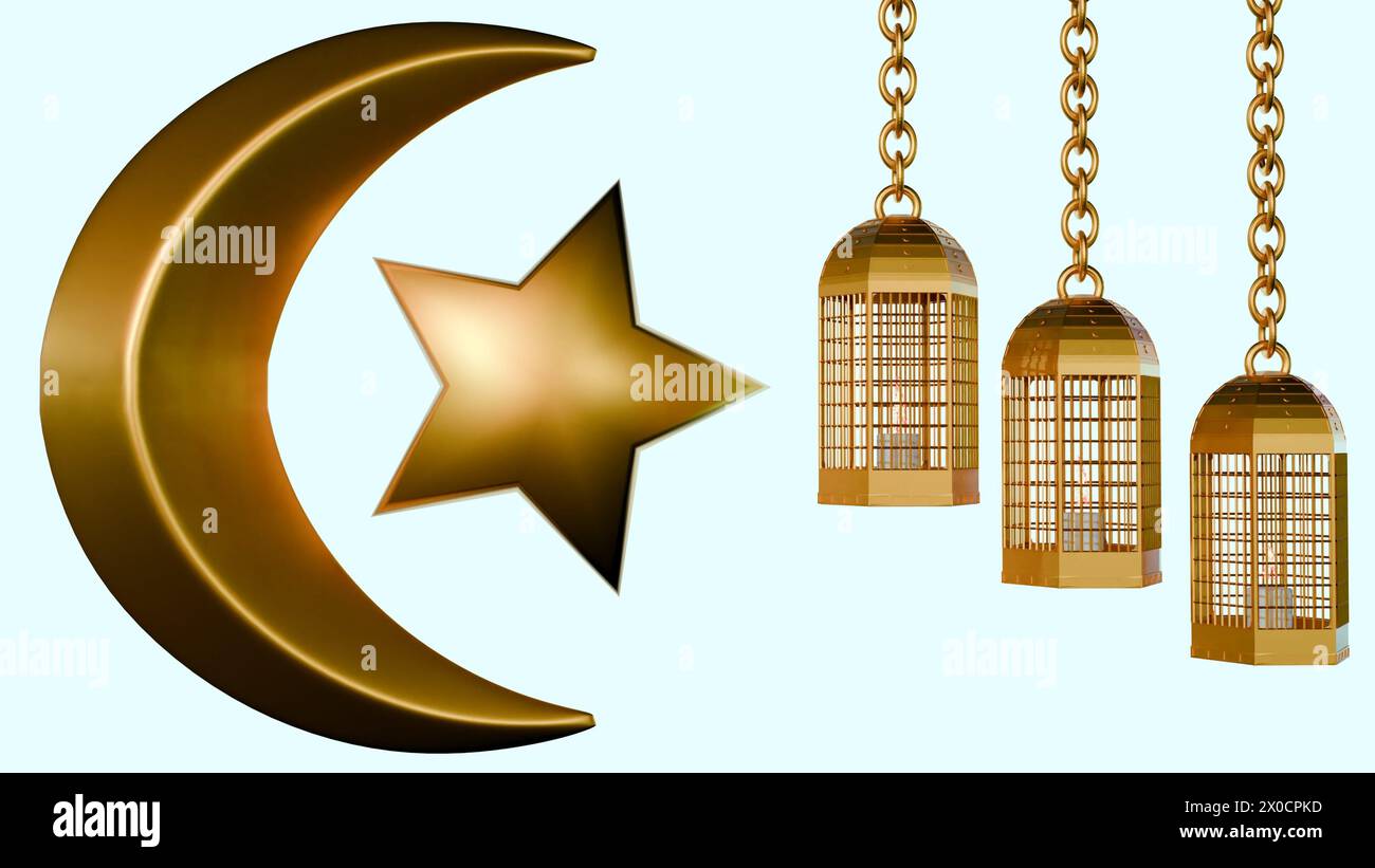 3d rendering of golden lantern, crescent moon and star isolated on the ...