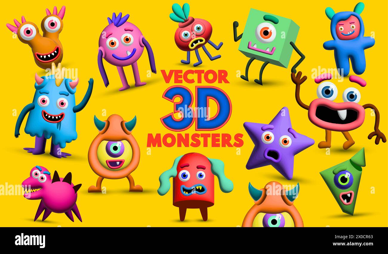A collection of playful and fun 3D style vector monster characters. Vector illustration Stock Vector