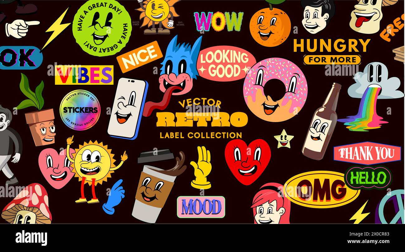 A collection of retro cartoon characters and mood stickers! Vector illustration Stock Vector