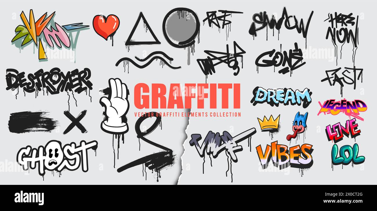 A vector series of graffiti elements with grunge texture tags and signs. Vector illustration Stock Vector