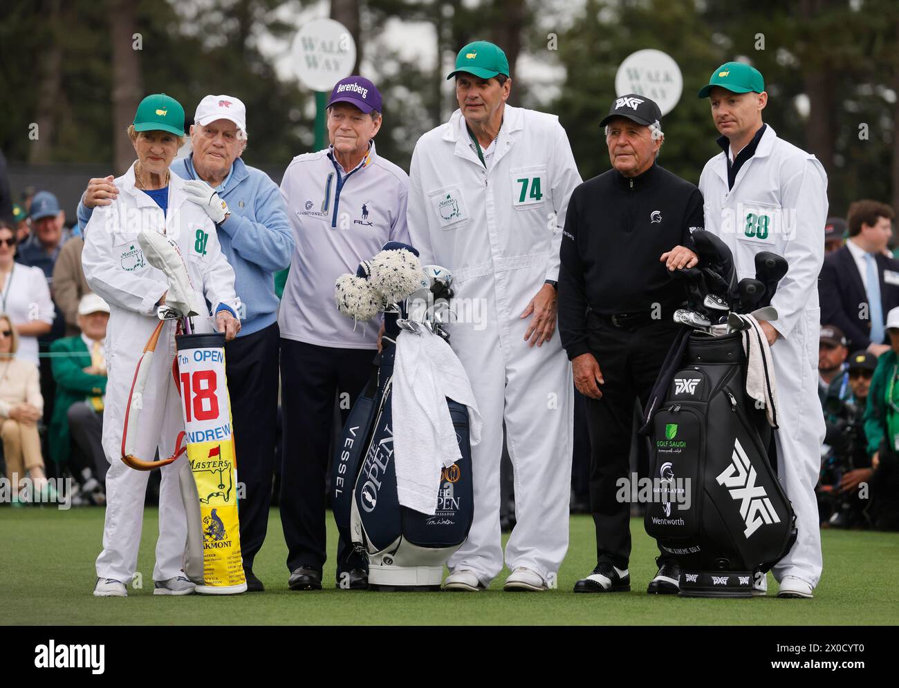Augusta, United States. 11th Apr, 2024. Honorary starters Jack Nicklaus and his wife Barbara, Tom Watson, and Gary Player (L to R) pose with caddies before teeing off on the first hole before the first round of the Masters Tournament at Augusta National Golf Club in Augusta, Georgia on Thursday, April 11, 2024. Photo by Tannen Maury/UPI Credit: UPI/Alamy Live News Stock Photo