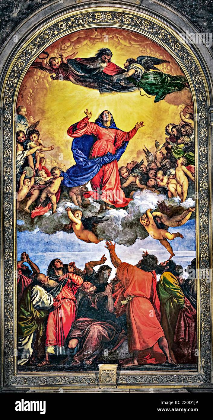 The Assumption of the Virgin, 1516-18 (Painting) by Artist Titian (Tiziano Vecellio) (c.1488-1576) Italian. Stock Vector