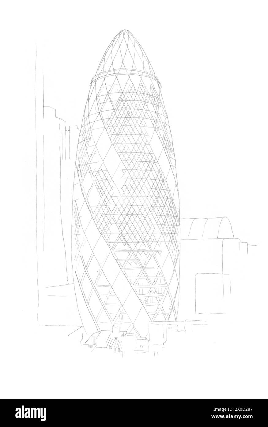 Architectural pencil drawing sketch of The Gherkin skyscraper building in London, UK Stock Photo