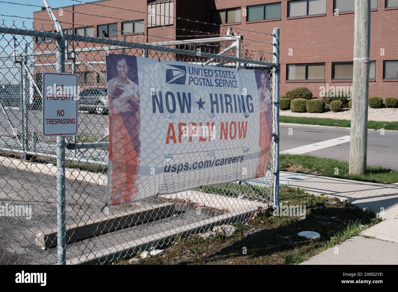 A banner advertising jobs at the US Postal Service, in Lima Ohio USA Stock Photo