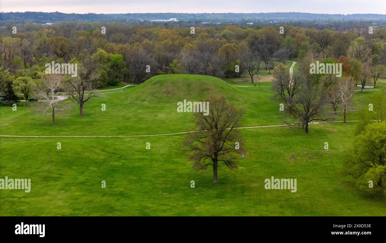 Aerial photograph of Cahokia Mounds State Historical Area, Collinsville, IL on an overcast spring day. Cahokia Mounds is a National Historic Landmark Stock Photo