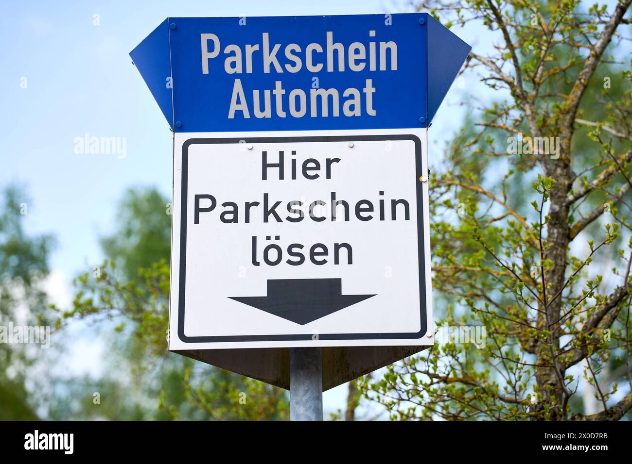 Garching, Bavaria, Germany 11 April 2024 Parking ticket machine in a parking lot. Sign Buy