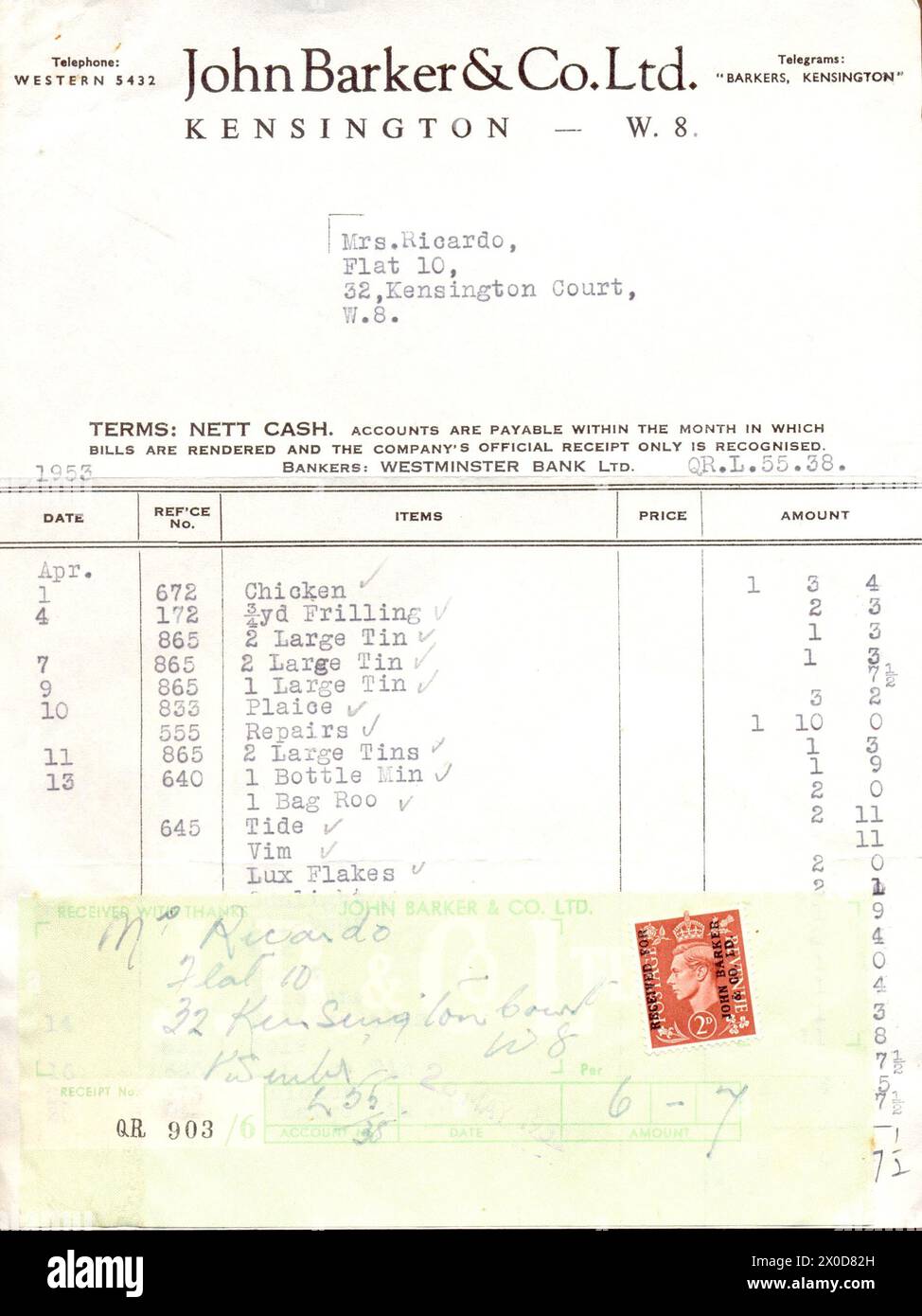 Receipted invoice from John Barker & Co Ltd, Kensington, London W 8., UK, for household items April 1953 Stock Photo