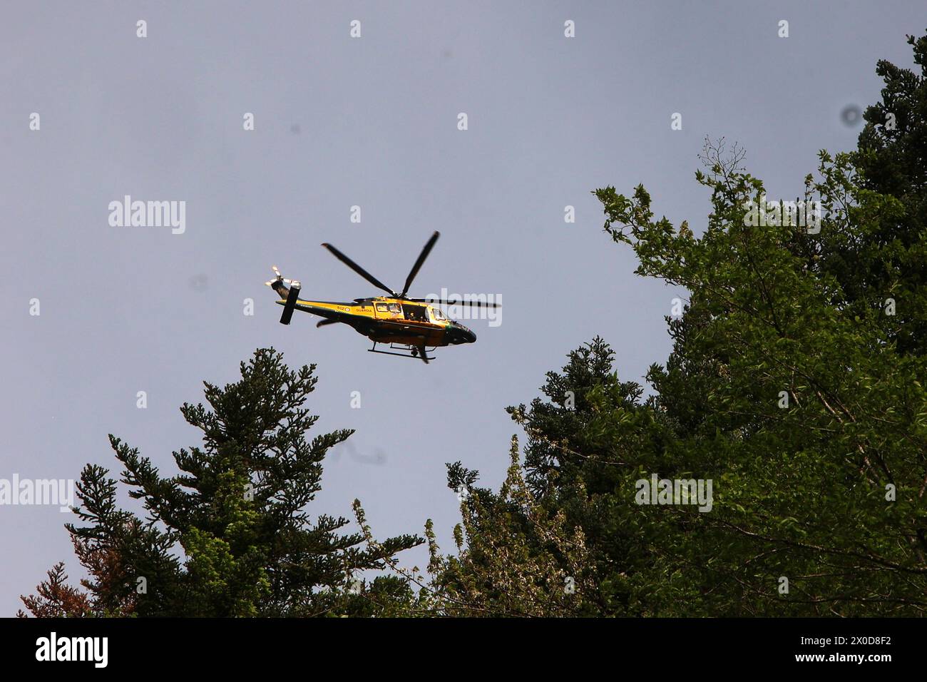 Bologna, Italia - Cronaca - 11 Aprile 2024 - incidente alla centrale idroelettrica di Bargi (Bologna) al bacino artificiale di Suviana con morti, feriti e dispersi - l'elicottero del 118 - (Photo Michele Nucci/LaPresse) News - Bologna, Italy - April 11, 2024. accident at the Bargi hydroelectric power plant (Bologna) at the Suviana artificial basin with dead, injured and missing - press conference - Carlo Dall'Opio comandante nazionale VVFF. Civil Protection, firefighters and CEO of Enel Bernabei. councilor Irene Priolo, Curcio of the P.C. Ettore Bramato of the Carabinieri (P Stock Photo