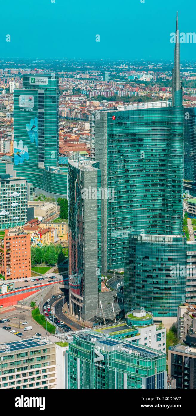 Aerial view of Milan, skyscrapers. Palazzo Lombardia, Unicredit tower and Accenture skyscraper. 04-11-2024. Italy Stock Photo
