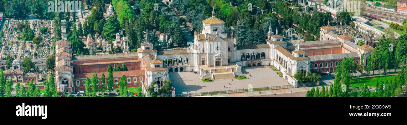 Aerial view of Monumental Cemetery, Milan, Lombardy. Entrance to the cemetery, architecture. Famedio, a cemetery of high artistic value. Italy Stock Photo