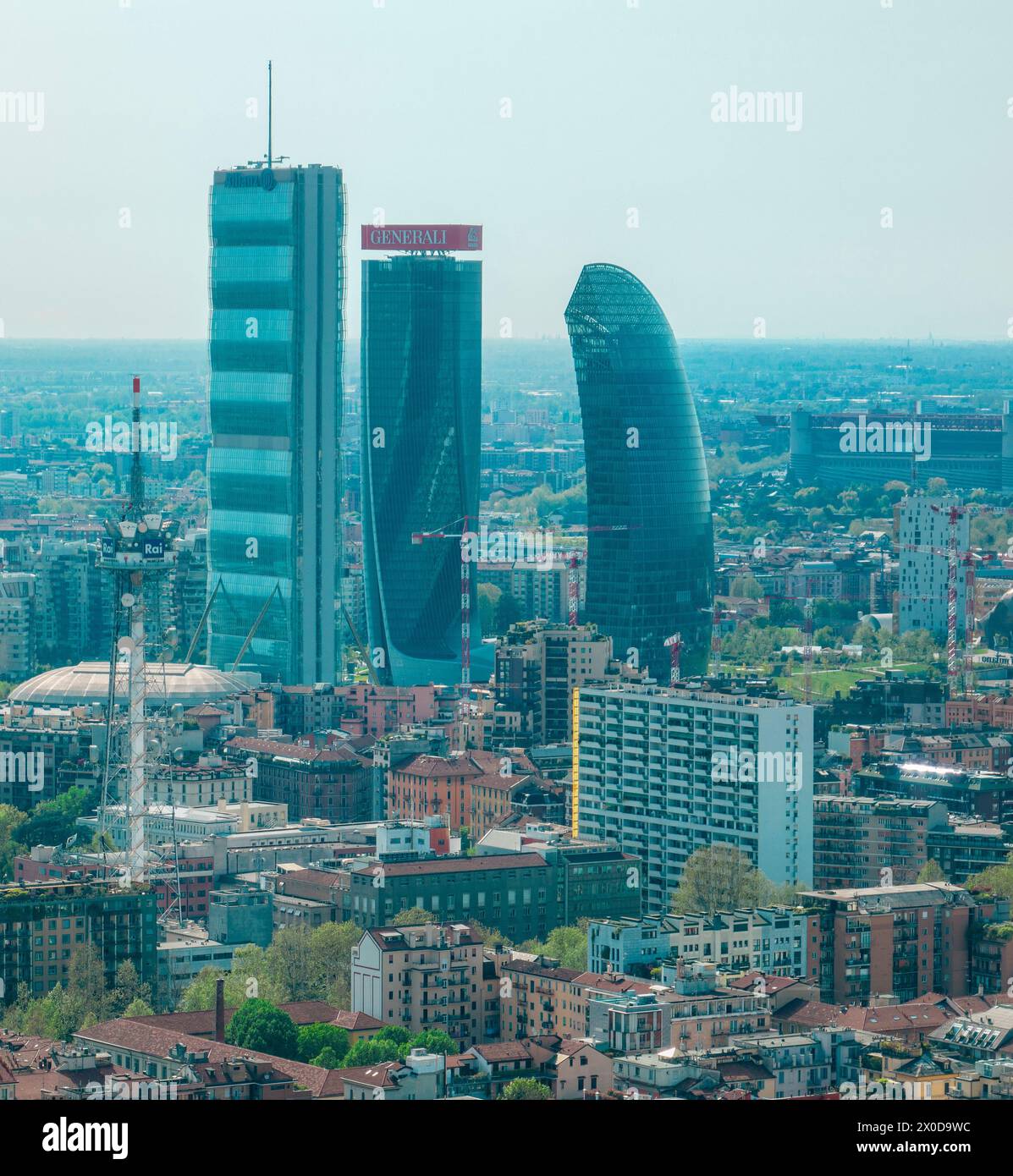 Aerial view of CityLife park with the three tower: The Straight One (Allianz Tower), The Twisted One (Generali Tower), The Curved One, Milan, italy Stock Photo