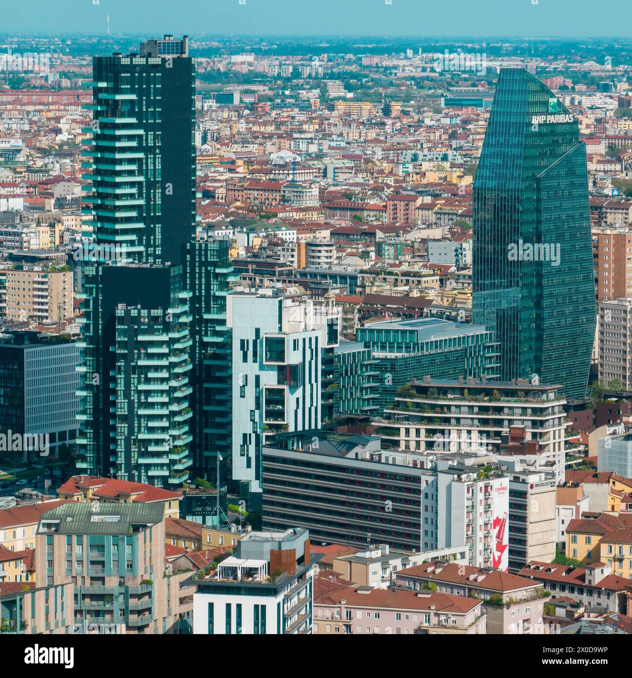 Aerial view of Diamond tower, BNP Paribas, and Solaria Tower, Milan, Porta Nuova residenze, skyscraper, Italy, 04-11-2024. Milan business district Stock Photo